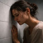 बाथरूम की सफेद टाइल्स पर सिर टिकाकर रोती महिला, तन्हाई और भावनात्मक दर्द का प्रतीक