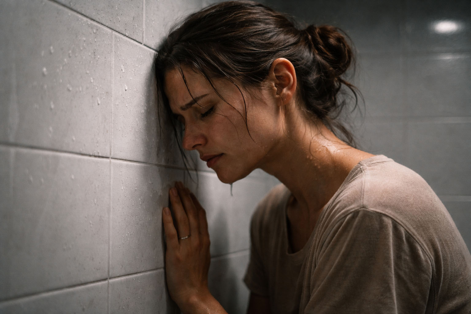 बाथरूम की सफेद टाइल्स पर सिर टिकाकर रोती महिला, तन्हाई और भावनात्मक दर्द का प्रतीक