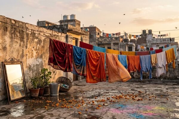 पुरानी छत पर सूखते कपड़े, दर्पण और बिखरे फूलों के साथ यादों से भरा भावनात्मक दृश्य