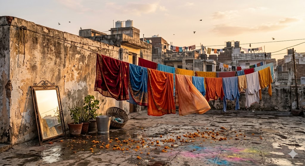 पुरानी छत पर सूखते कपड़े, दर्पण और बिखरे फूलों के साथ यादों से भरा भावनात्मक दृश्य