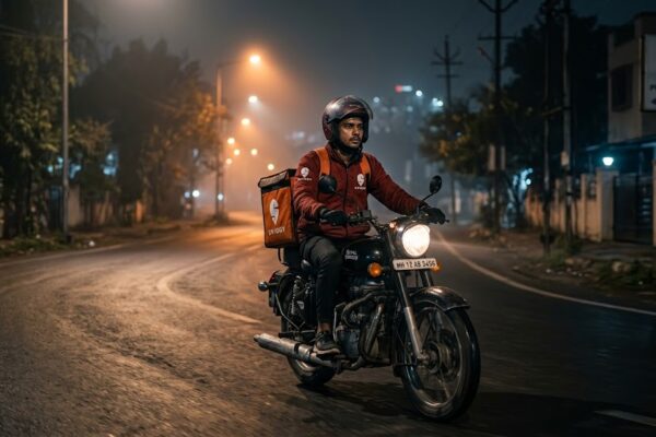 रात के समय सुनसान सड़क पर बाइक से डिलीवरी करता एक युवक, मेहनत और जिम्मेदारी को दर्शाता दृश्य।