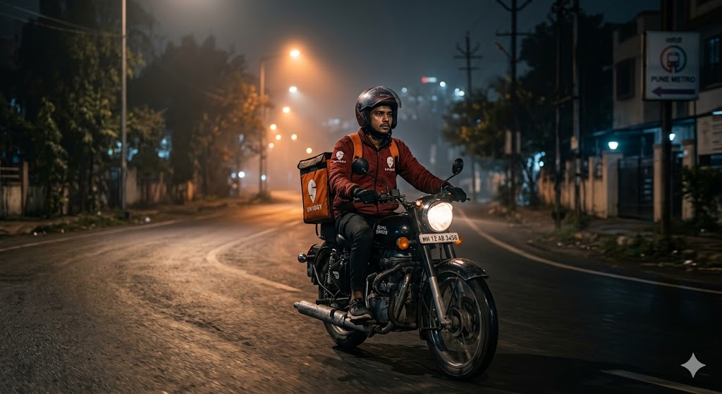 रात के समय सुनसान सड़क पर बाइक से डिलीवरी करता एक युवक, मेहनत और जिम्मेदारी को दर्शाता दृश्य।