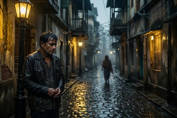 एक उदास रात में हल्की बारिश के बीच पीली स्ट्रीट लाइट के नीचे खड़ा एक अकेला व्यक्ति, गीली सड़क पर रोशनी की परछाईं और दूर धुंध में जाती हुई एक स्त्री की आकृति, यादों और जुदाई का भावपूर्ण दृश्य।