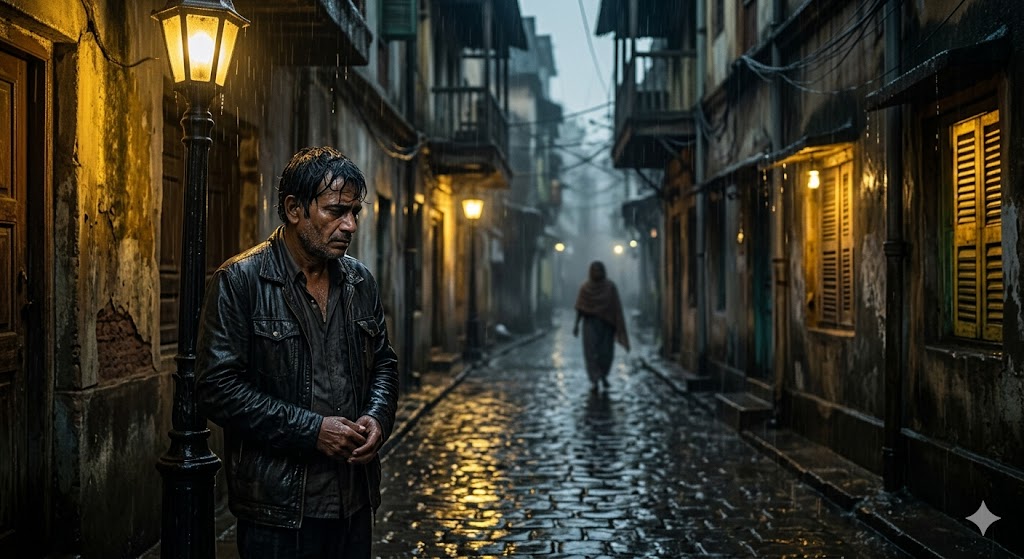 एक उदास रात में हल्की बारिश के बीच पीली स्ट्रीट लाइट के नीचे खड़ा एक अकेला व्यक्ति, गीली सड़क पर रोशनी की परछाईं और दूर धुंध में जाती हुई एक स्त्री की आकृति, यादों और जुदाई का भावपूर्ण दृश्य।