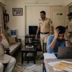 81 वर्षीय पिता फोन पर बात करते हुए, सामने चिंतित बेटा-बहू और लैपटॉप-मोबाइल के साथ साइबर ठगी का दृश्य, घर में पुलिस पहुंचती हुई