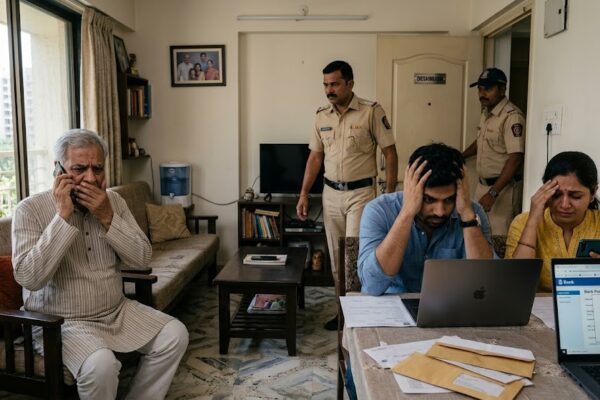 81 वर्षीय पिता फोन पर बात करते हुए, सामने चिंतित बेटा-बहू और लैपटॉप-मोबाइल के साथ साइबर ठगी का दृश्य, घर में पुलिस पहुंचती हुई