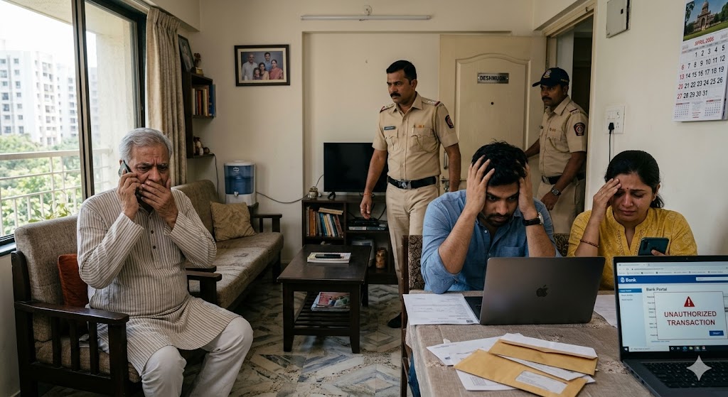 81 वर्षीय पिता फोन पर बात करते हुए, सामने चिंतित बेटा-बहू और लैपटॉप-मोबाइल के साथ साइबर ठगी का दृश्य, घर में पुलिस पहुंचती हुई