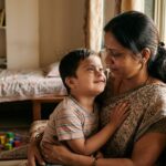 डाउन सिंड्रोम से ग्रस्त बच्चे को प्यार से गोद में लिए एक माँ का भावनात्मक दृश्य