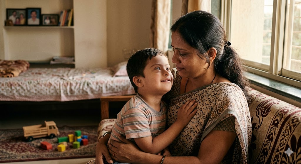 डाउन सिंड्रोम से ग्रस्त बच्चे को प्यार से गोद में लिए एक माँ का भावनात्मक दृश्य