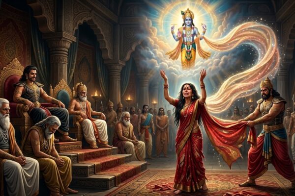 महाभारत की सभा में द्रौपदी की करुण पुकार, भगवान कृष्ण द्वारा चीर रक्षा का दिव्य दृश्य