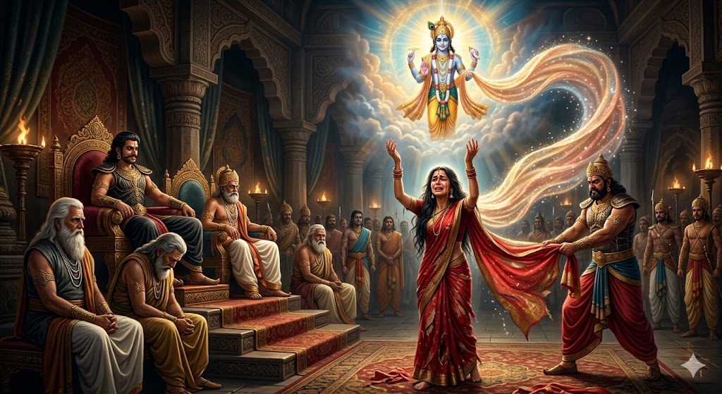 महाभारत की सभा में द्रौपदी की करुण पुकार, भगवान कृष्ण द्वारा चीर रक्षा का दिव्य दृश्य