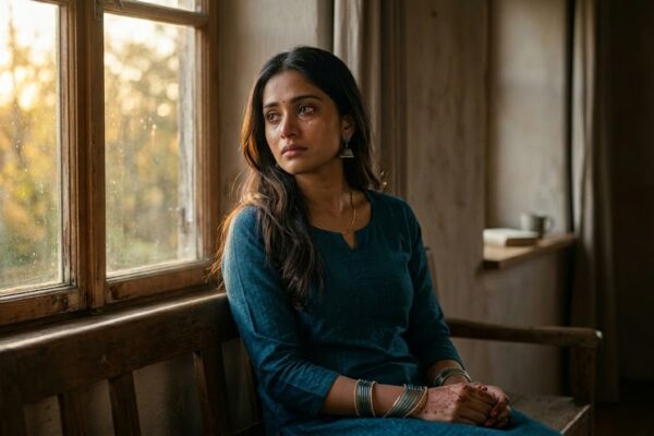 आँखों में आँसू लिए शांत भाव में बैठा व्यक्ति, जीवन के दुःख और हौसले को दर्शाता दृश्य