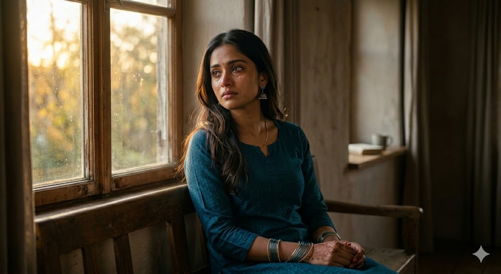 आँखों में आँसू लिए शांत भाव में बैठा व्यक्ति, जीवन के दुःख और हौसले को दर्शाता दृश्य