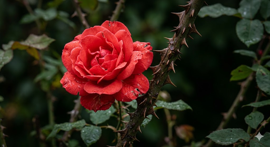 काँटों के बीच खिला हुआ लाल गुलाब, दर्द और खूबसूरती का प्रतीक