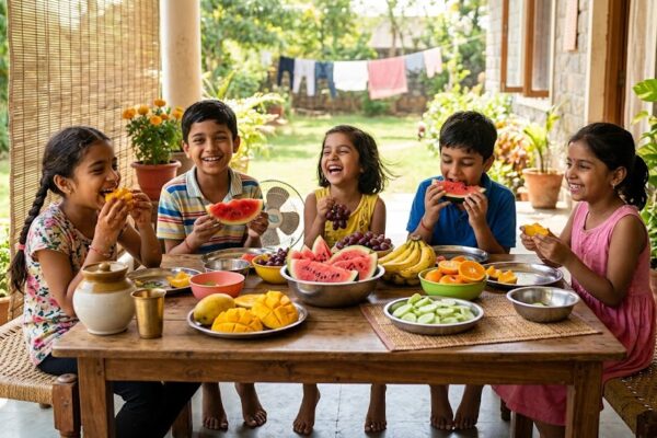 गर्मियों में ताजे फल खाते हुए खुश बच्चे और हेल्दी डाइट का दृश्य