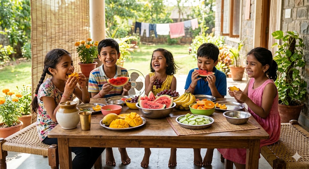 गर्मियों में ताजे फल खाते हुए खुश बच्चे और हेल्दी डाइट का दृश्य