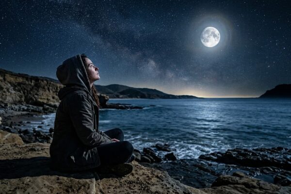 अकेला व्यक्ति चाँदनी रात में बैठा, उदासी और यादों में खोया हुआ