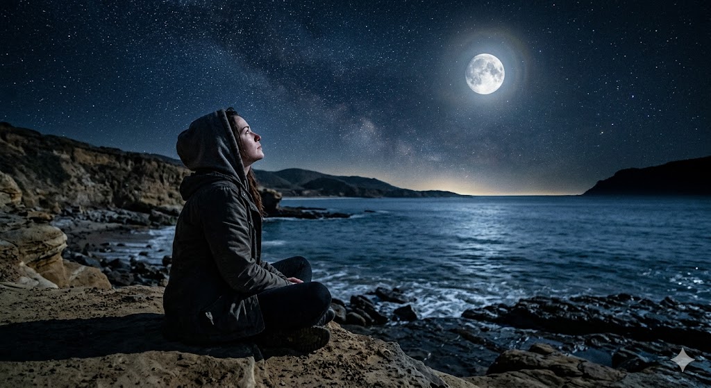 अकेला व्यक्ति चाँदनी रात में बैठा, उदासी और यादों में खोया हुआ