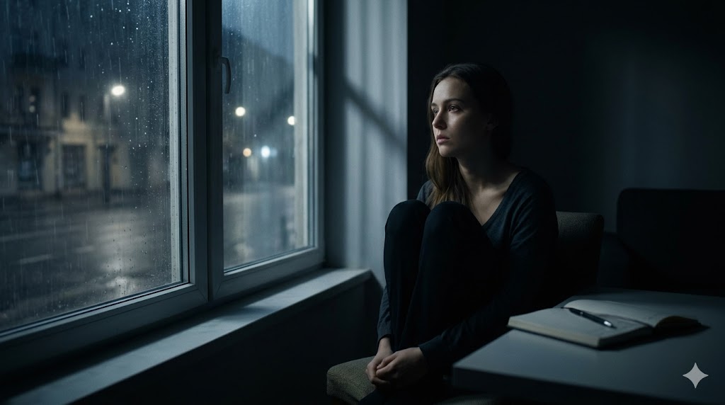 अकेला व्यक्ति खामोशी में बैठा हुआ, जो मुहब्बत और जज़्बातों के दर्द को महसूस कर रहा है