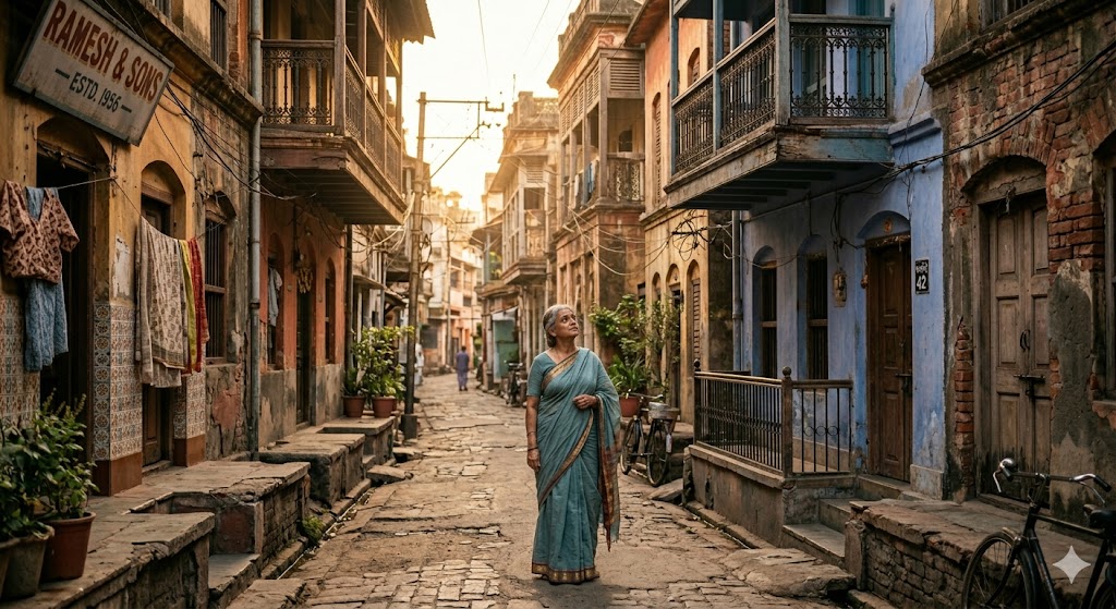 पुरानी गलियों में खड़ा एक व्यक्ति बचपन की यादों में खोया हुआ, भावनात्मक दृश्य