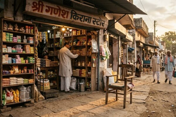 महिदपुर रोड के बाजार में दुकान के बाहर रखी पारंपरिक कुर्सी का दृश्य