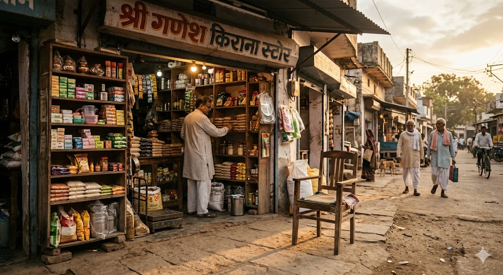 महिदपुर रोड के बाजार में दुकान के बाहर रखी पारंपरिक कुर्सी का दृश्य