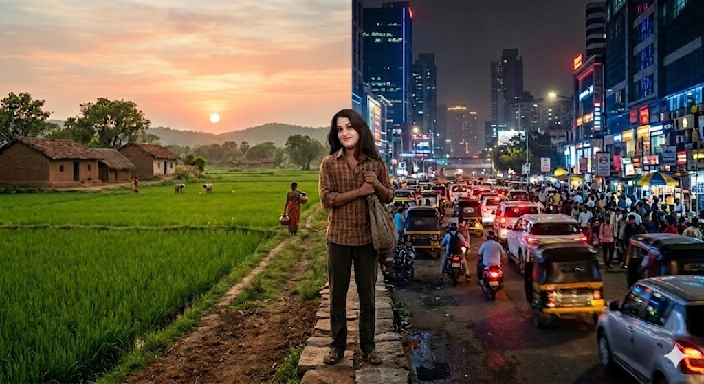 गांव के खेतों और कच्चे रास्ते के बीच खड़ा एक व्यक्ति, जो बचपन की यादों में खोया हुआ है