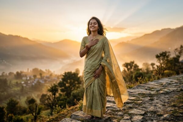 एक भारतीय महिला शांत भाव से आकाश की ओर देखती हुई, चेहरे पर प्रेम और संतोष की चमक, आध्यात्मिक मिलन और आंतरिक खुशी का प्रतीक