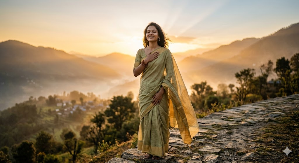 एक भारतीय महिला शांत भाव से आकाश की ओर देखती हुई, चेहरे पर प्रेम और संतोष की चमक, आध्यात्मिक मिलन और आंतरिक खुशी का प्रतीक