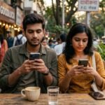 एक आधुनिक शहर के कैफे में बैठे युवक और युवती, दोनों अपने फोन में व्यस्त हैं, पास होते हुए भी उनके चेहरे पर भावनात्मक दूरी और सोच में डूबे होने का एहसास झलक रहा है।