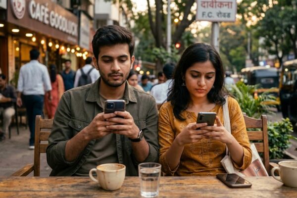 एक आधुनिक शहर के कैफे में बैठे युवक और युवती, दोनों अपने फोन में व्यस्त हैं, पास होते हुए भी उनके चेहरे पर भावनात्मक दूरी और सोच में डूबे होने का एहसास झलक रहा है।