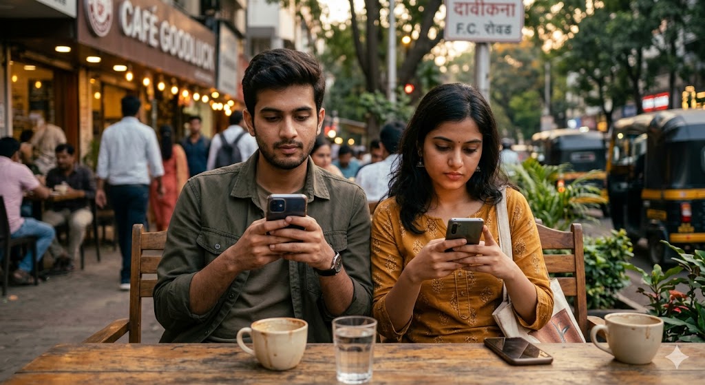 एक आधुनिक शहर के कैफे में बैठे युवक और युवती, दोनों अपने फोन में व्यस्त हैं, पास होते हुए भी उनके चेहरे पर भावनात्मक दूरी और सोच में डूबे होने का एहसास झलक रहा है।