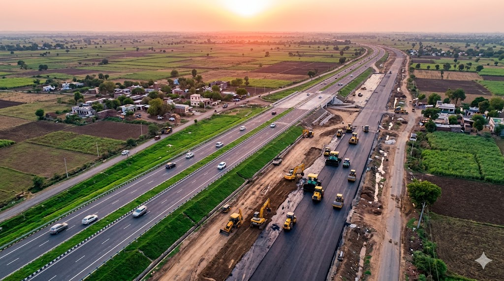 उज्जैन-इंदौर ग्रीन कॉरिडोर का निर्माण, खेतों के बीच बनता चौड़ा हाईवे और चल रही मशीनें
