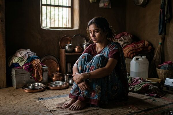 एक भारतीय महिला अकेले बैठी, चेहरे पर थकान और भीतर दबे भावों के साथ सोच में डूबी हुई