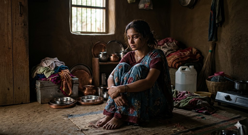 एक भारतीय महिला अकेले बैठी, चेहरे पर थकान और भीतर दबे भावों के साथ सोच में डूबी हुई