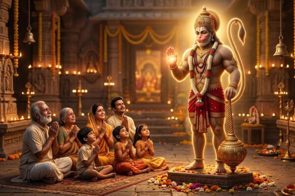 भगवान हनुमान भक्तों को आशीर्वाद देते हुए, परिवार की रक्षा करते हुए