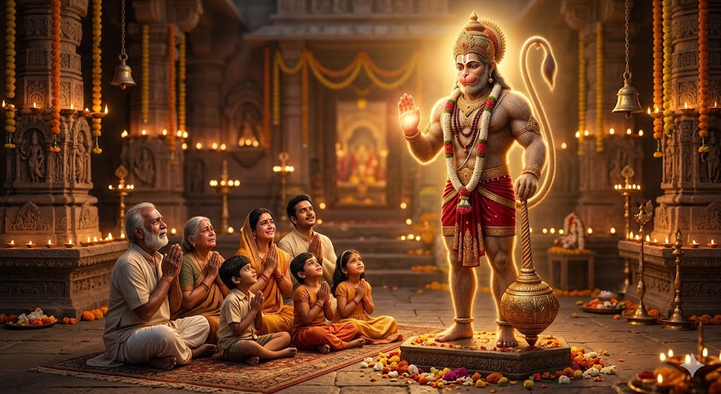 भगवान हनुमान भक्तों को आशीर्वाद देते हुए, परिवार की रक्षा करते हुए