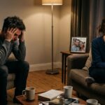 एक कमरे में अलग-अलग बैठे तनावग्रस्त दंपत्ति, टूटा हुआ रिश्ता और मानसिक दबाव दर्शाता भावनात्मक दृश्य