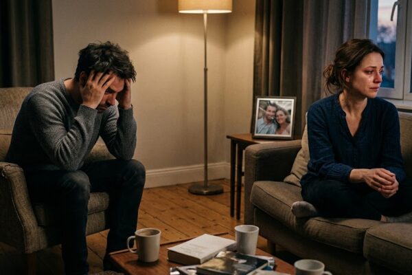 एक कमरे में अलग-अलग बैठे तनावग्रस्त दंपत्ति, टूटा हुआ रिश्ता और मानसिक दबाव दर्शाता भावनात्मक दृश्य