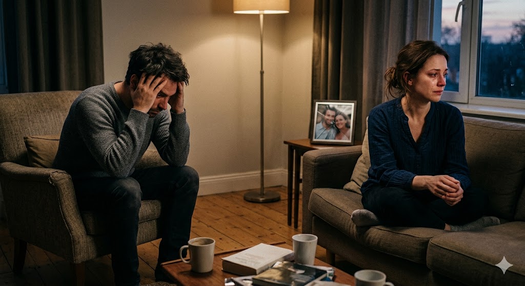 एक कमरे में अलग-अलग बैठे तनावग्रस्त दंपत्ति, टूटा हुआ रिश्ता और मानसिक दबाव दर्शाता भावनात्मक दृश्य