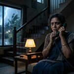 तूफानी रात में घर के अंदर डरी हुई महिला फोन उठाते हुए, सस्पेंस भरा माहौल