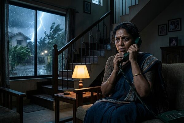 तूफानी रात में घर के अंदर डरी हुई महिला फोन उठाते हुए, सस्पेंस भरा माहौल