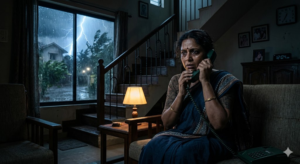 तूफानी रात में घर के अंदर डरी हुई महिला फोन उठाते हुए, सस्पेंस भरा माहौल