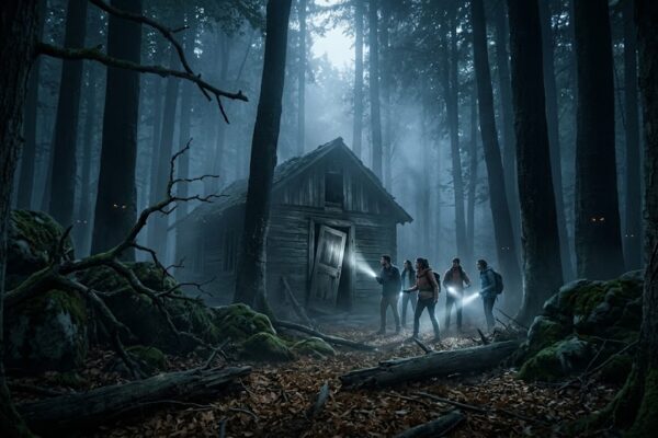 घने और अंधेरे जंगल के बीच रहस्यमयी ब्लैकवुड वैली, जहाँ धुंध और डरावना माहौल फैला हुआ है