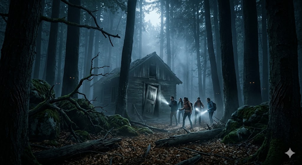 घने और अंधेरे जंगल के बीच रहस्यमयी ब्लैकवुड वैली, जहाँ धुंध और डरावना माहौल फैला हुआ है