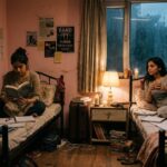 गुलाबी दीवारों वाले हॉस्टल कमरे में बैठी दो युवतियाँ, किताबों और भावनाओं के बीच