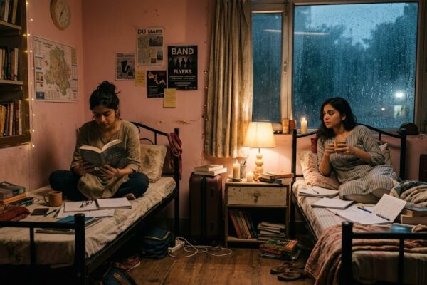 गुलाबी दीवारों वाले हॉस्टल कमरे में बैठी दो युवतियाँ, किताबों और भावनाओं के बीच