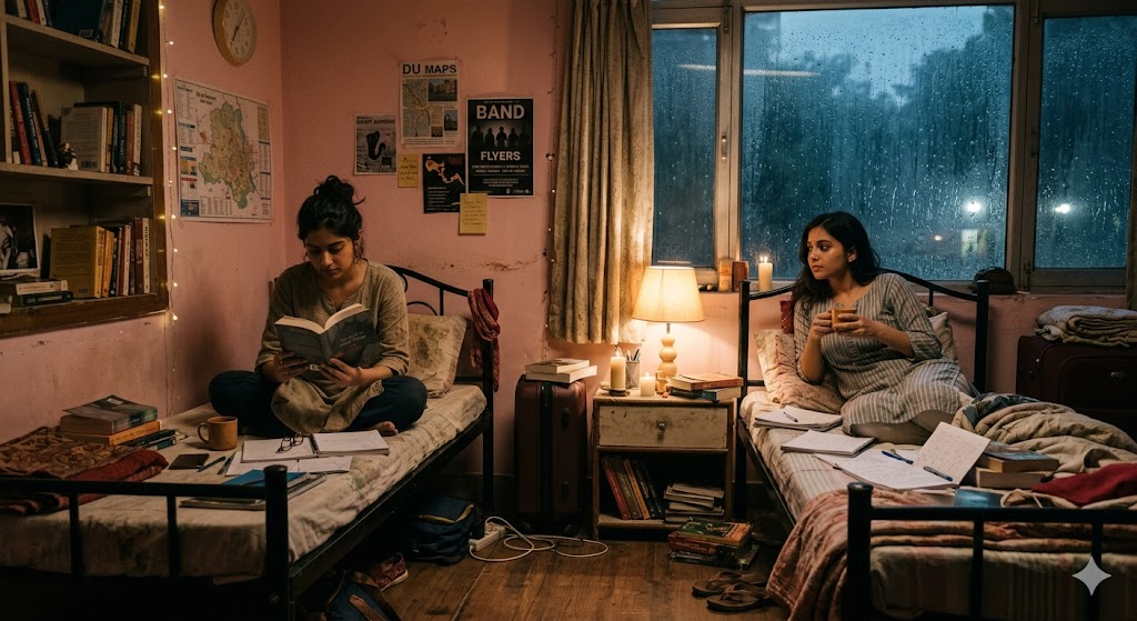 गुलाबी दीवारों वाले हॉस्टल कमरे में बैठी दो युवतियाँ, किताबों और भावनाओं के बीच