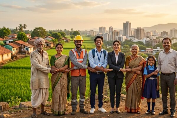 विभिन्न वर्गों के लोग एक साथ खड़े, समानता और एकता का प्रतीक