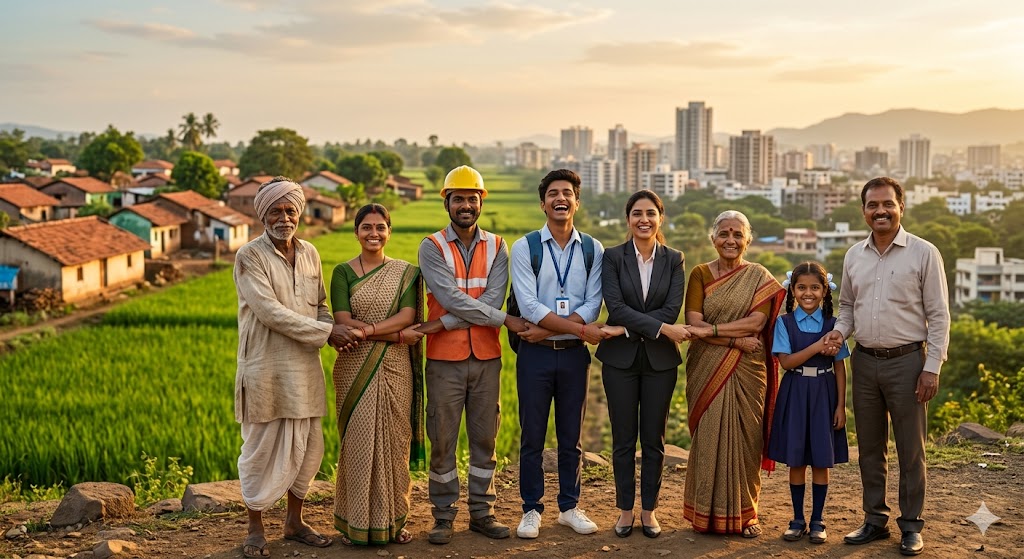 विभिन्न वर्गों के लोग एक साथ खड़े, समानता और एकता का प्रतीक